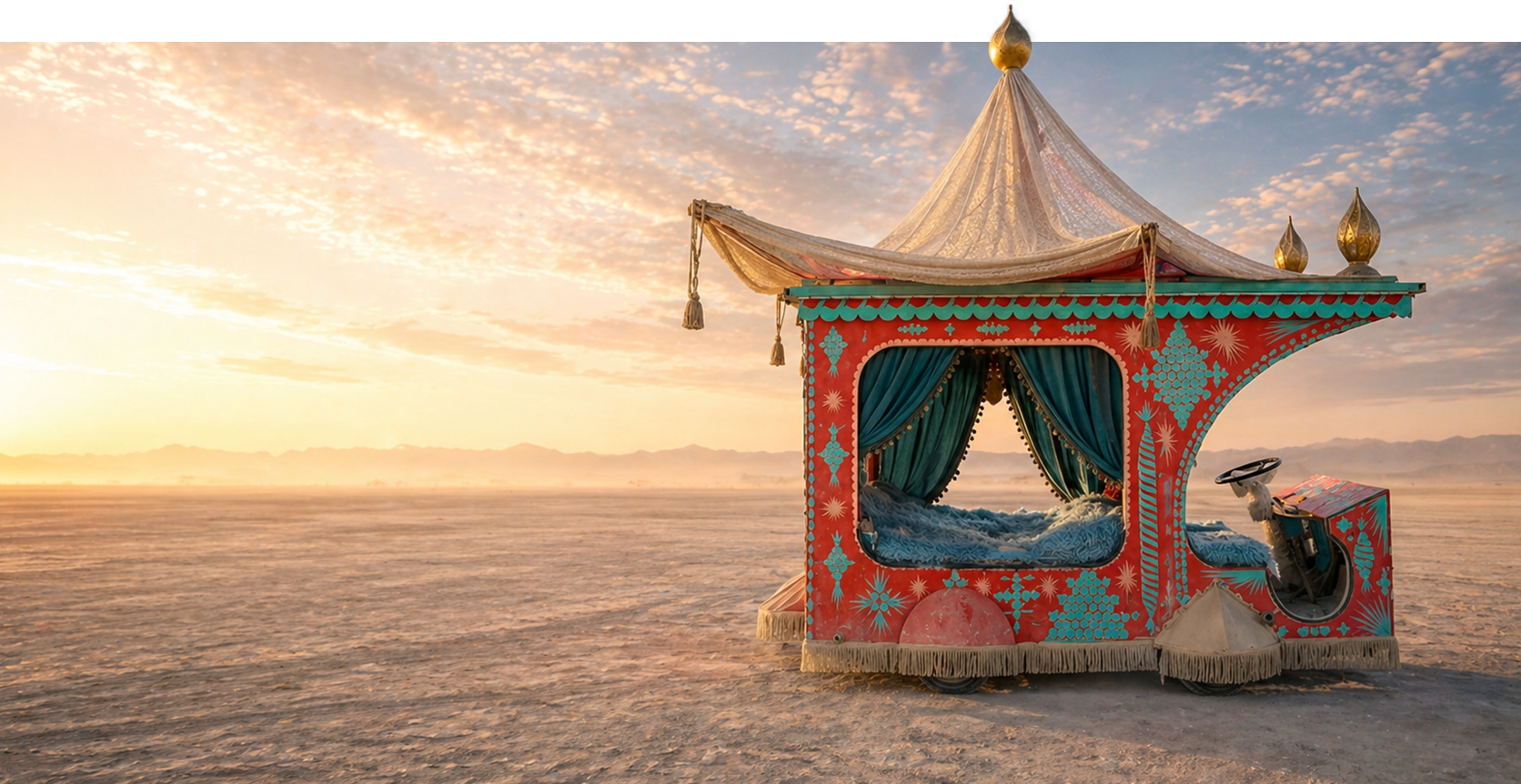 Beautiful Engine, a Moroccan-style mutant vehicle, on the playa at sunset