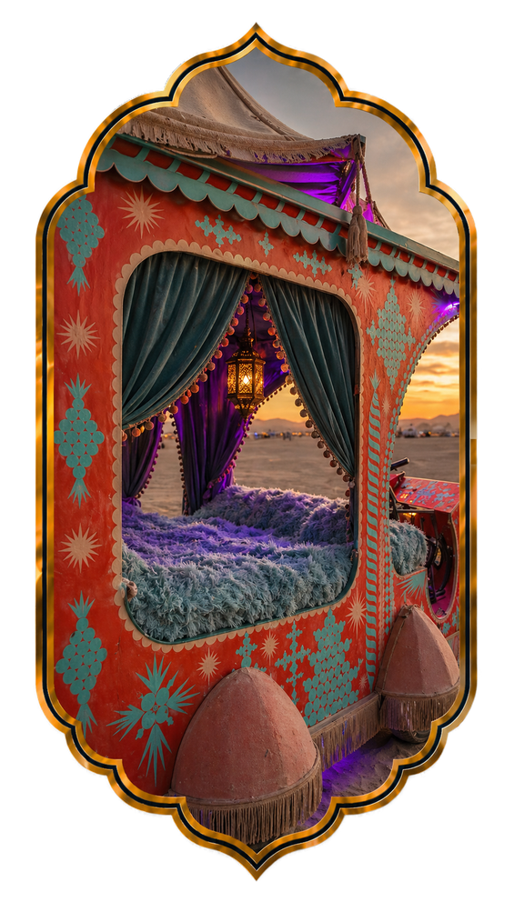Beautiful Engine interior with fuzzy blue bed and Moroccan archway window